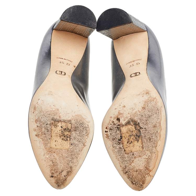 Pre Owned Dior Metallic Grey Leather Microcannage Block Heel Pumps Size 35