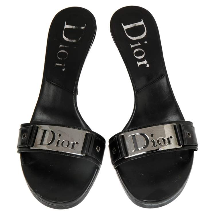 Pre Owned Dior Black Leather Logo Detail Slide Sandals Size 37