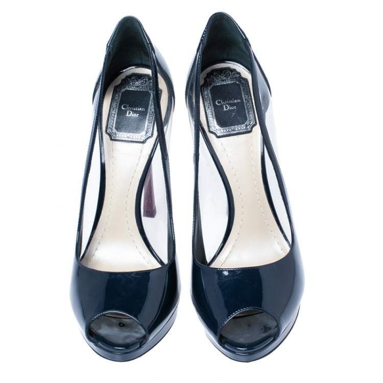 Pre Owned Christian Dior Navy Blue Patent Leather And PVC Diorella Peep Toe Pumps Size 37.5