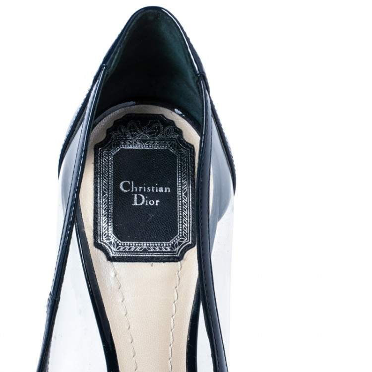 Pre Owned Christian Dior Navy Blue Patent Leather And PVC Diorella Peep Toe Pumps Size 37.5