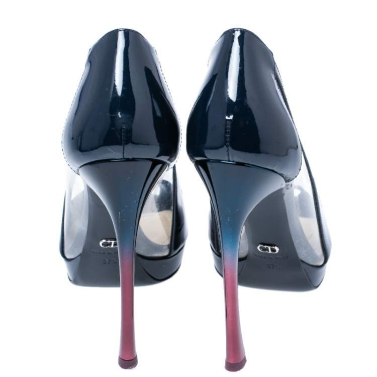 Pre Owned Christian Dior Navy Blue Patent Leather And PVC Diorella Peep Toe Pumps Size 37.5