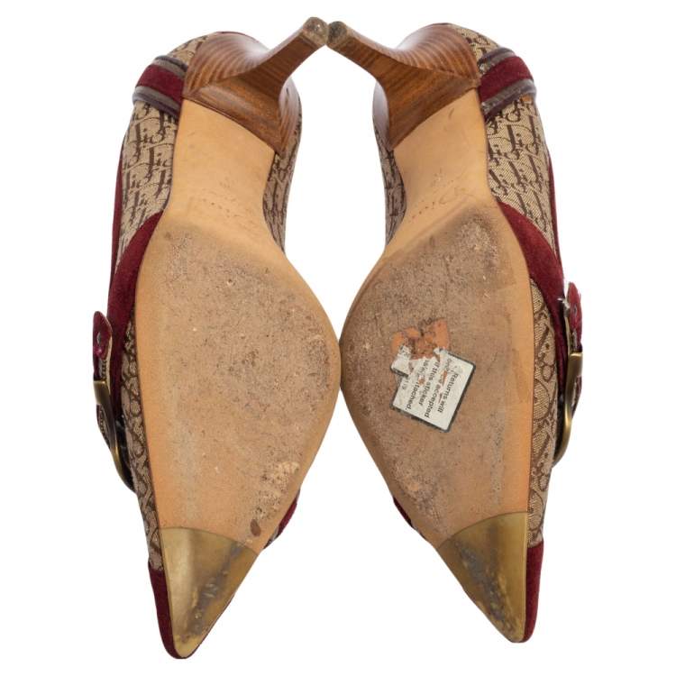 Pre Owned Dior Burgundy/Beige Diorrisimo Canvas and Suede Buckle Pointed Toe Pumps Size 38