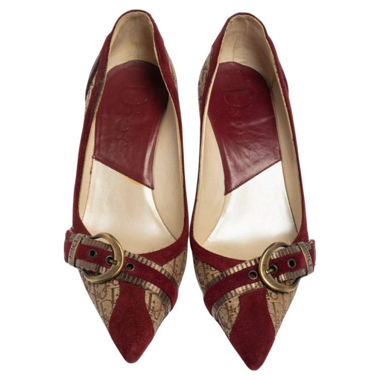 Pre Owned Dior Burgundy/Beige Diorrisimo Canvas and Suede Buckle Pointed Toe Pumps Size 38