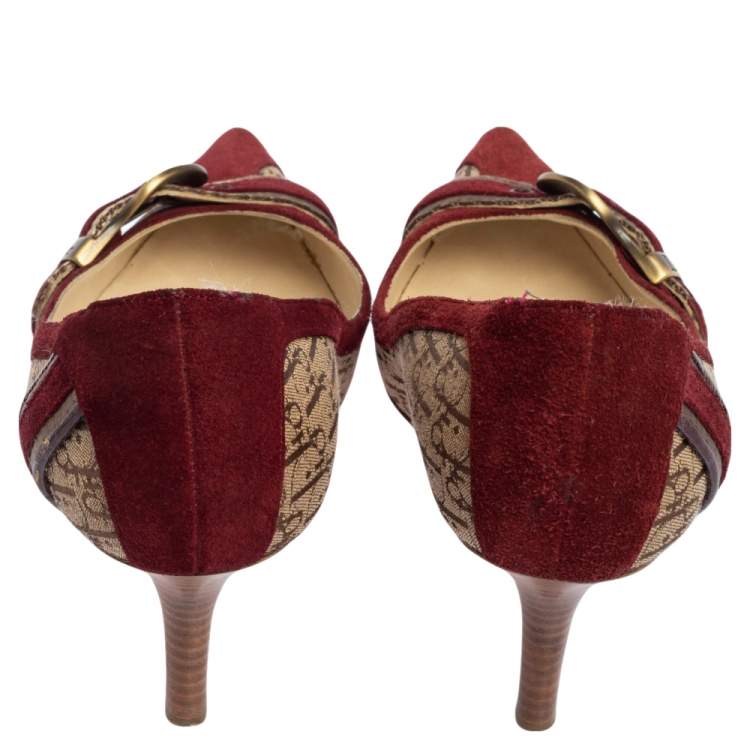 Pre Owned Dior Burgundy/Beige Diorrisimo Canvas and Suede Buckle Pointed Toe Pumps Size 38