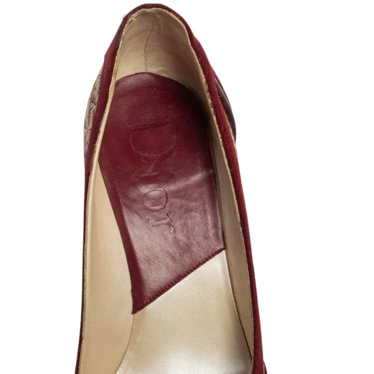 Pre Owned Dior Burgundy/Beige Diorrisimo Canvas and Suede Buckle Pointed Toe Pumps Size 38