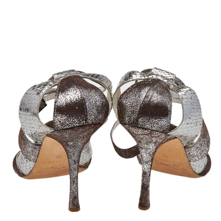 Pre Owned Dior Silver Python Embossed Leather Ankle Strap Sandals Size 40