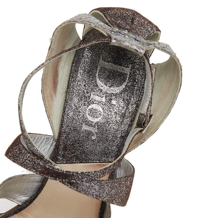 Pre Owned Dior Silver Python Embossed Leather Ankle Strap Sandals Size 40