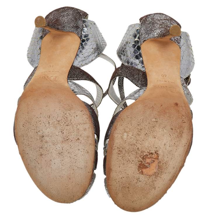 Pre Owned Dior Silver Python Embossed Leather Ankle Strap Sandals Size 40