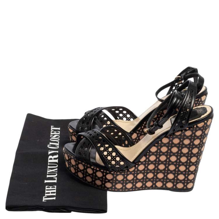 Pre Owned Dior Black Leather Cannage Cutout Ankle Strap Wedge Platform Sandals Size 38
