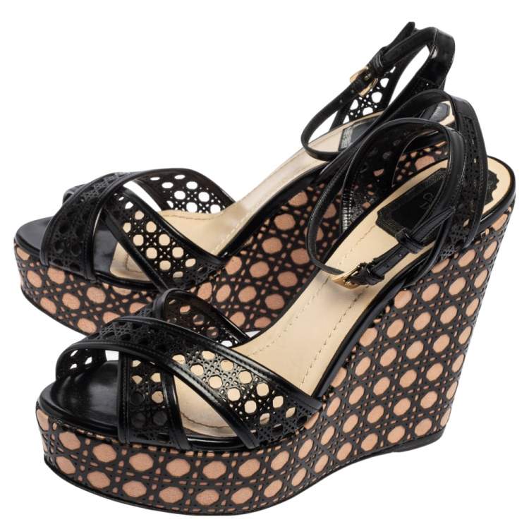 Pre Owned Dior Black Leather Cannage Cutout Ankle Strap Wedge Platform Sandals Size 38