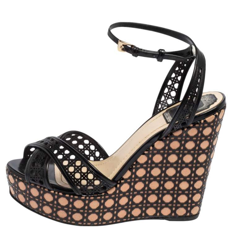 Pre Owned Dior Black Leather Cannage Cutout Ankle Strap Wedge Platform Sandals Size 38