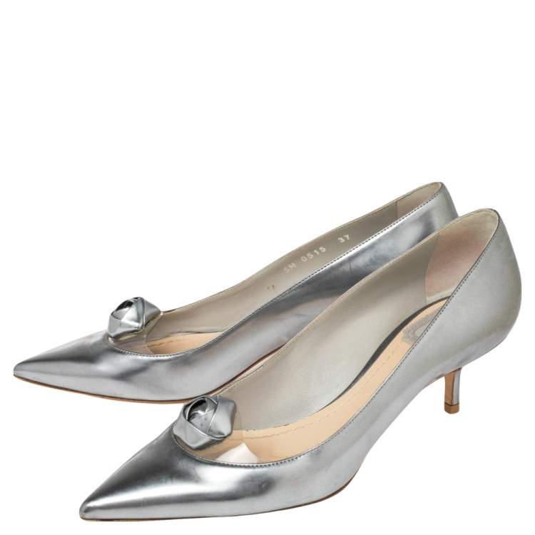 Pre Owned Dior Silver Leather And PVC Bow  Pointed Toe Pumps Size 37 