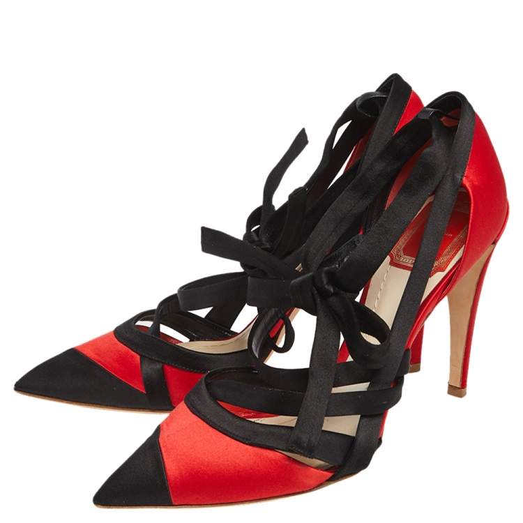 Pre Owned Dior Black/Red Suede Ankle Wrap Pumps Size 38