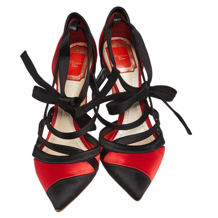 Pre Owned Dior Black/Red Suede Ankle Wrap Pumps Size 38