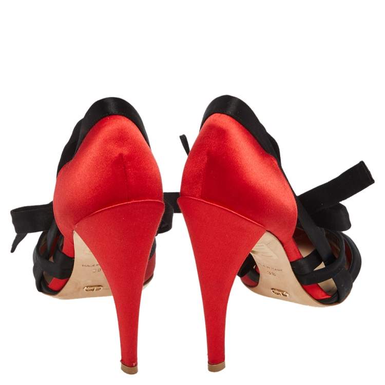 Pre Owned Dior Black/Red Suede Ankle Wrap Pumps Size 38