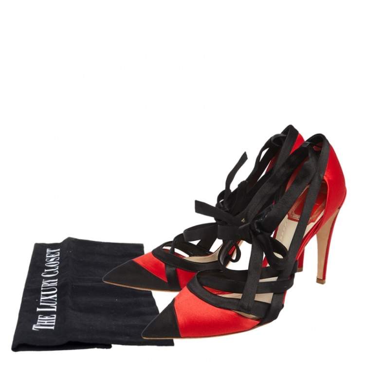 Pre Owned Dior Black/Red Suede Ankle Wrap Pumps Size 38