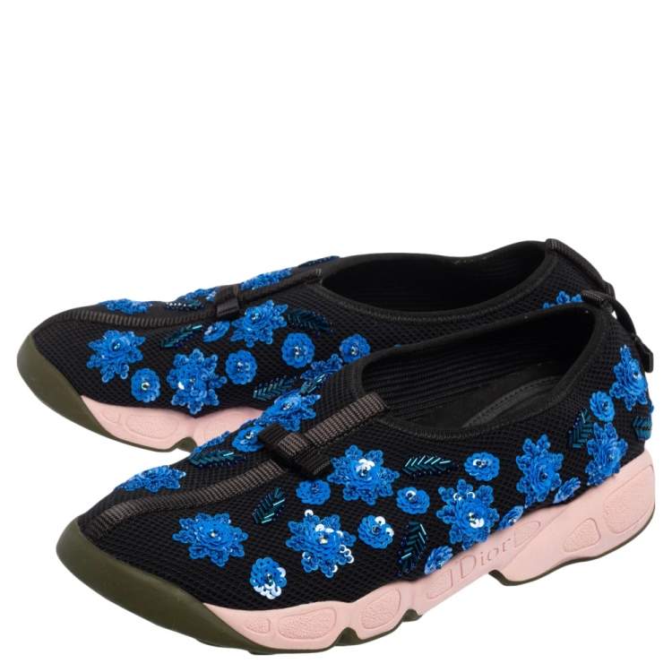 Pre Owned Dior Black Mesh Neoprene Fusion Embellished Low-Top Sneakers Size 39.5