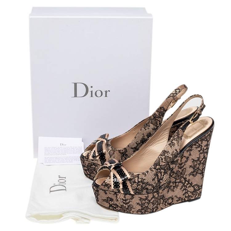 Pre Owned Dior Black/Beige Lace and Satin Bow Slingback Platform Wedge Sandals Size 41