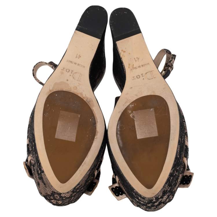 Pre Owned Dior Black/Beige Lace and Satin Bow Slingback Platform Wedge Sandals Size 41
