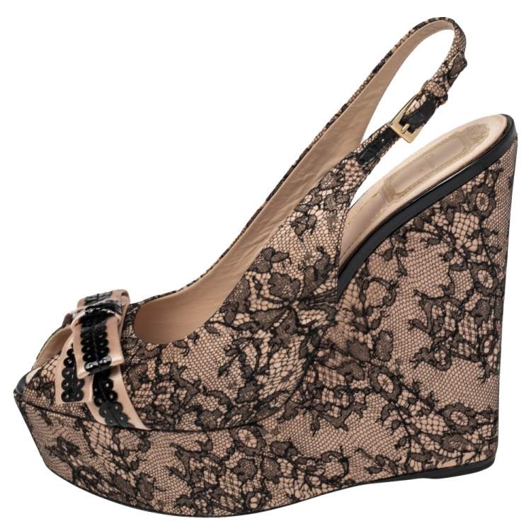 Pre Owned Dior Black/Beige Lace and Satin Bow Slingback Platform Wedge Sandals Size 41