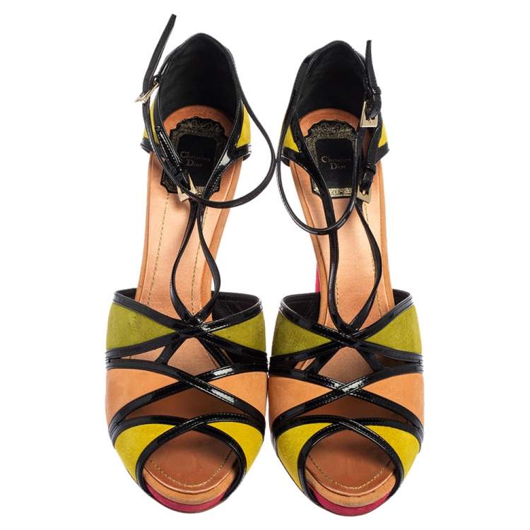 Pre Owned Dior Multicolor Suede and Patent Leather Strappy Peep Toe Sandals Size 41