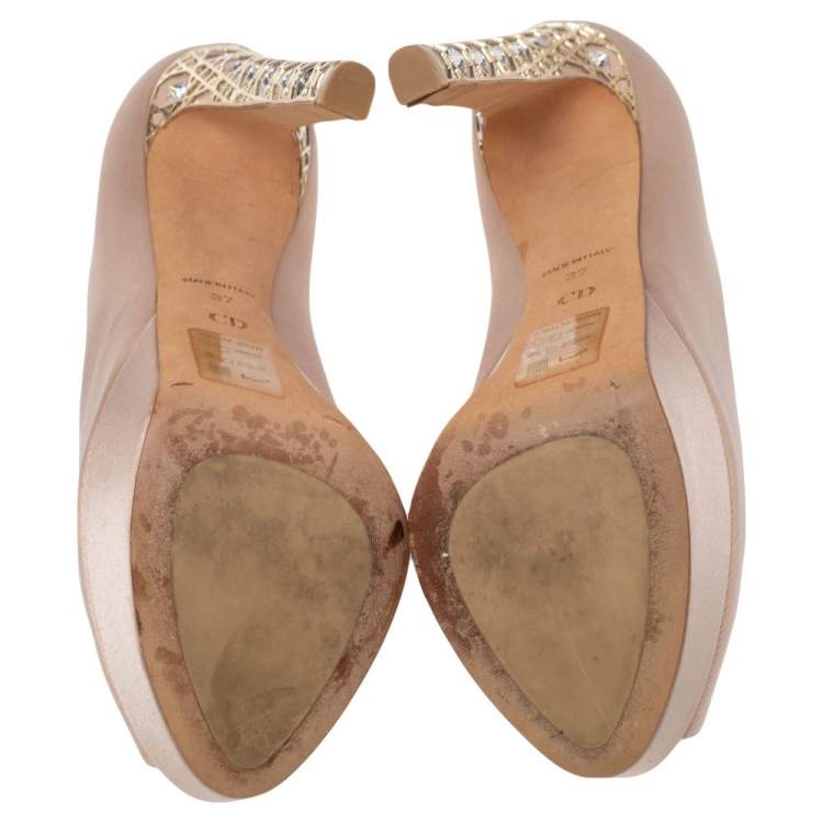 Pre Owned Dior Beige Satin Metal Cannage Heel Peep Toe Platform Pumps Size 37