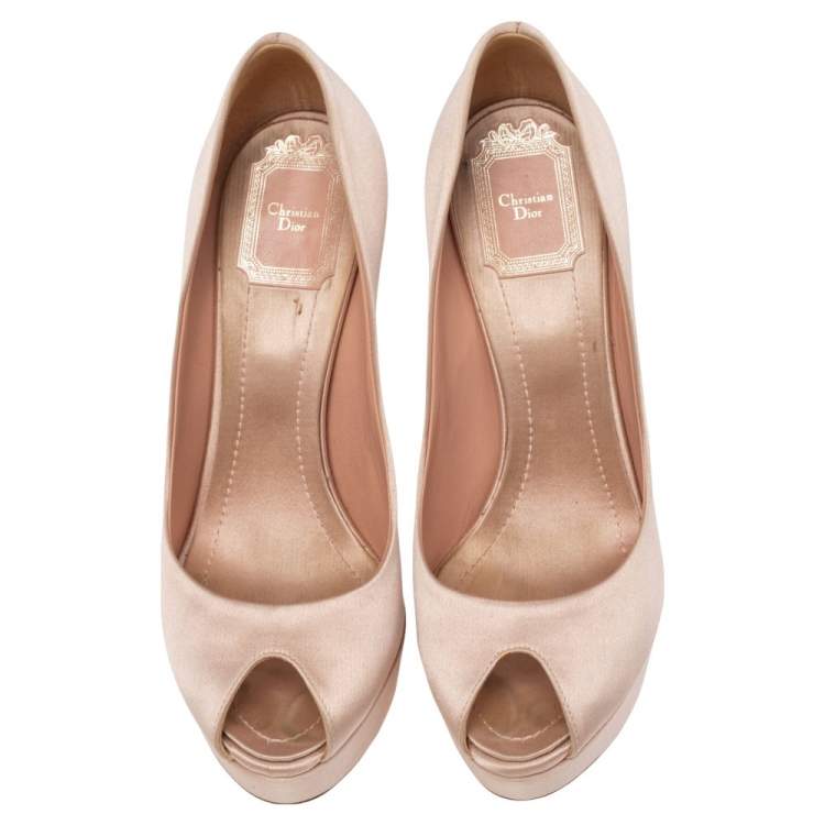 Pre Owned Dior Beige Satin Metal Cannage Heel Peep Toe Platform Pumps Size 37