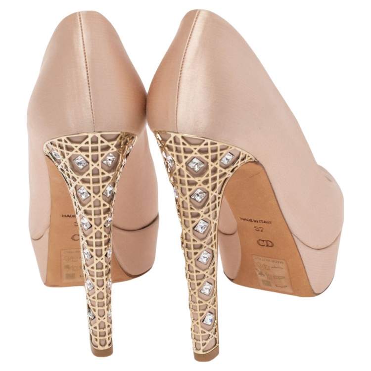 Pre Owned Dior Beige Satin Metal Cannage Heel Peep Toe Platform Pumps Size 37