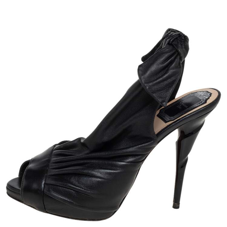 Pre Owned Dior Black Leather Pleated Slingback Peep Toe Sandals Size 36