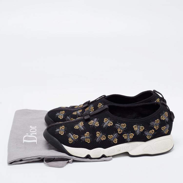 Pre Owned Dior Black Mesh Fusion Bee Embellished Slip On Sneakers Size 37.5