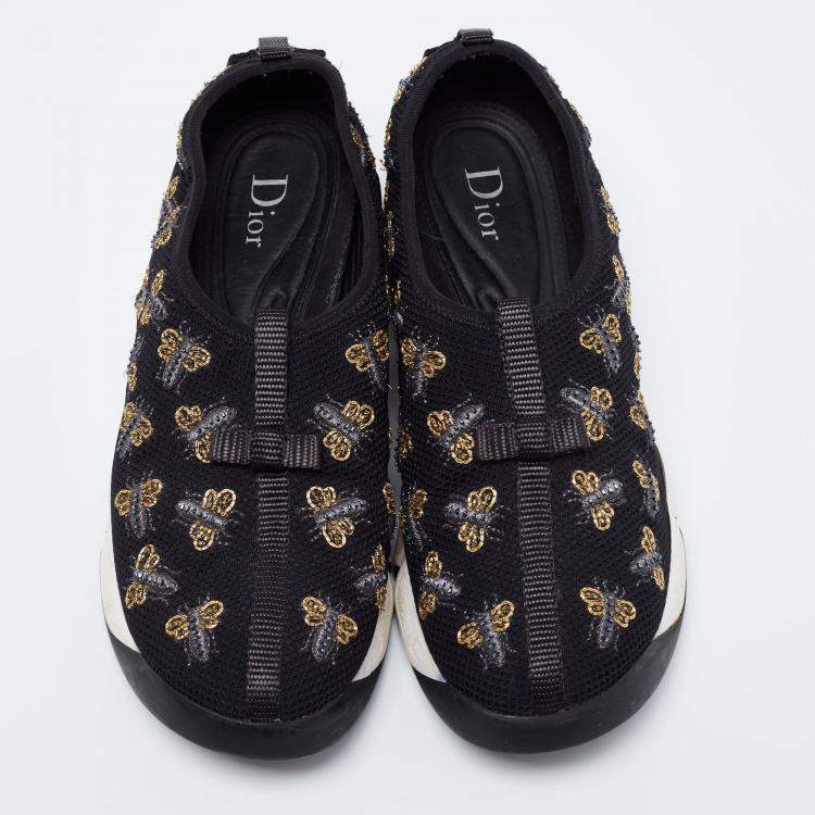 Pre Owned Dior Black Mesh Fusion Bee Embellished Slip On Sneakers Size 37.5