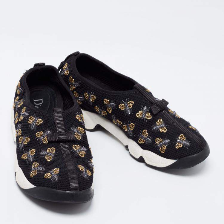 Pre Owned Dior Black Mesh Fusion Bee Embellished Slip On Sneakers Size 37.5