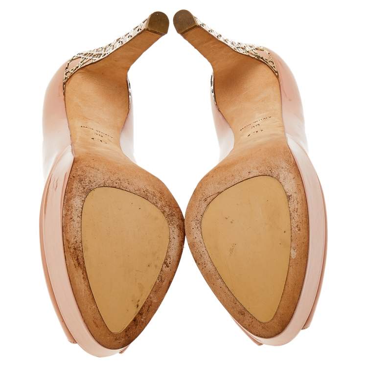Pre Owned Dior Beige Patent Leather Miss Dior Peep Toe Platform Pumps Size 39
