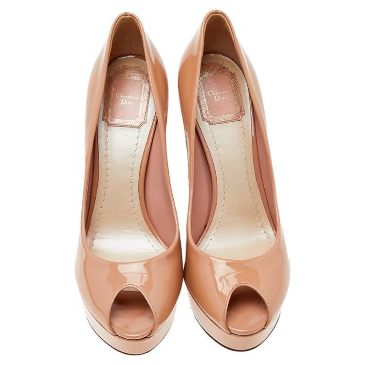 Pre Owned Dior Beige Patent Leather Miss Dior Peep Toe Platform Pumps Size 39