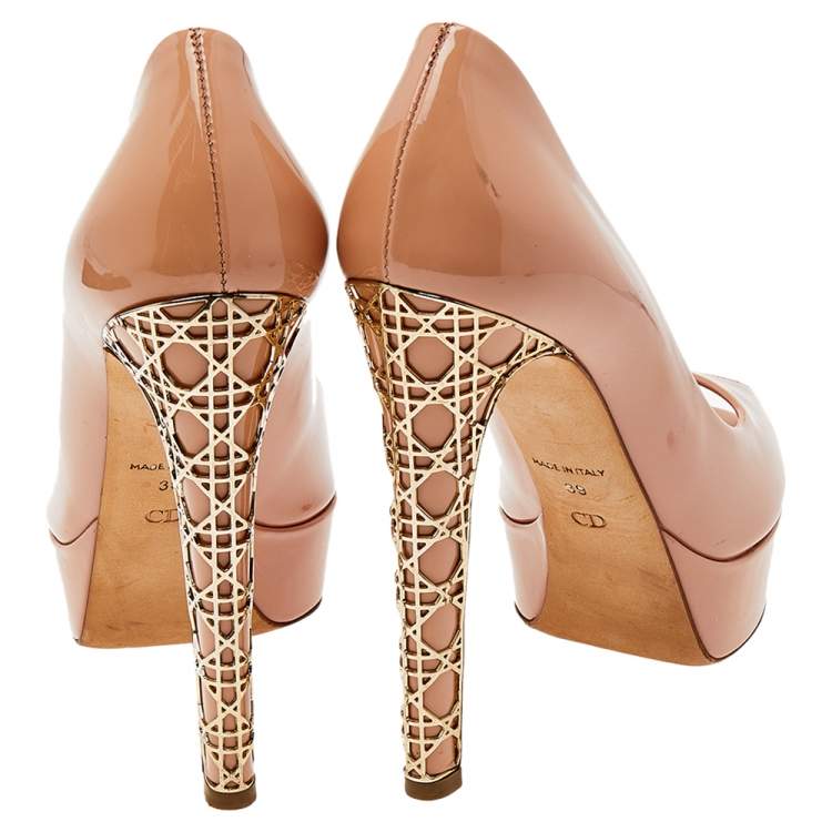 Pre Owned Dior Beige Patent Leather Miss Dior Peep Toe Platform Pumps Size 39