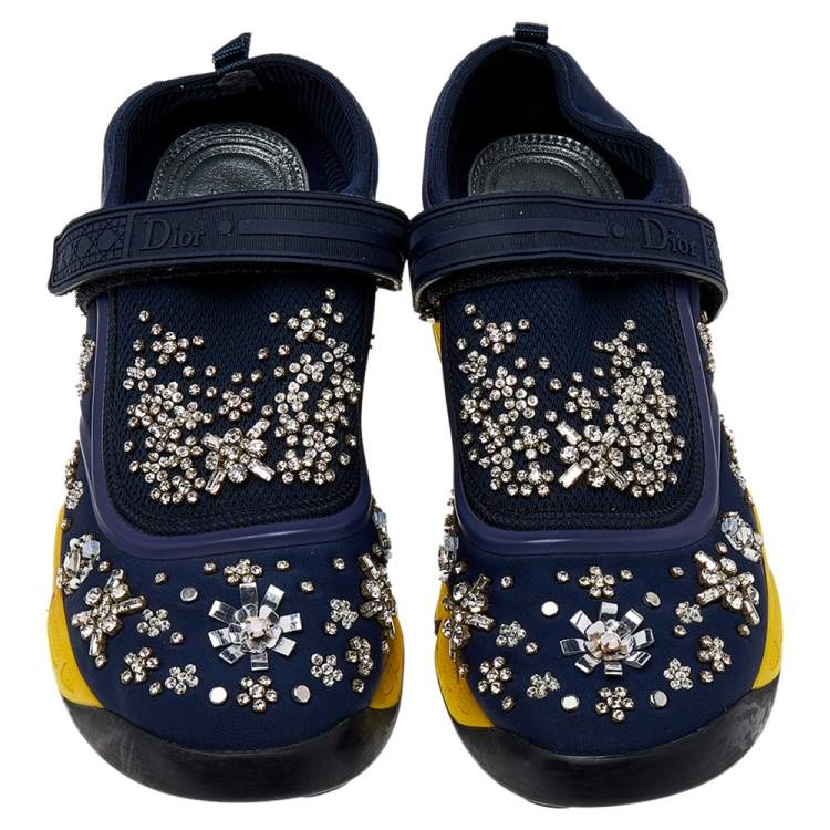Pre Owned Dior Blue/Yellow Mesh And Fabric Fusion Sneakers Size 39