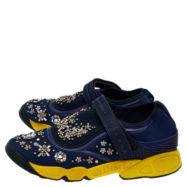 Pre Owned Dior Blue/Yellow Mesh And Fabric Fusion Sneakers Size 39