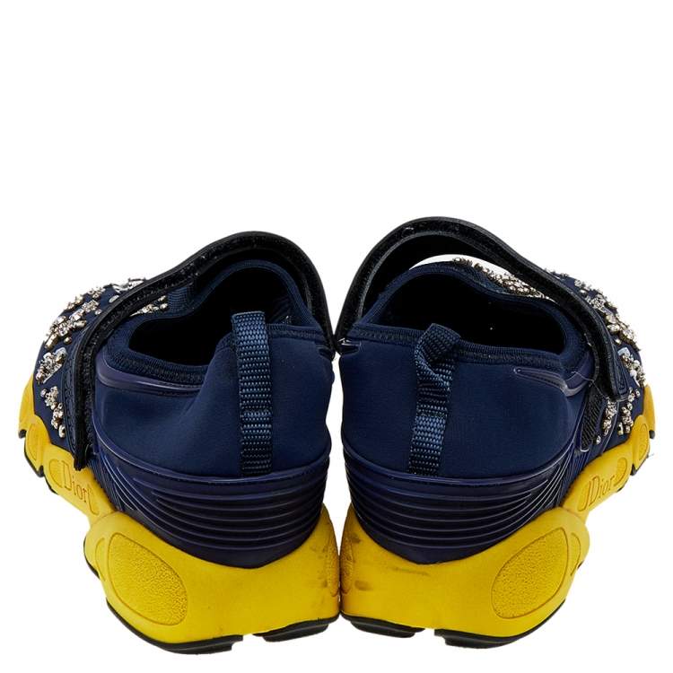Pre Owned Dior Blue/Yellow Mesh And Fabric Fusion Sneakers Size 39