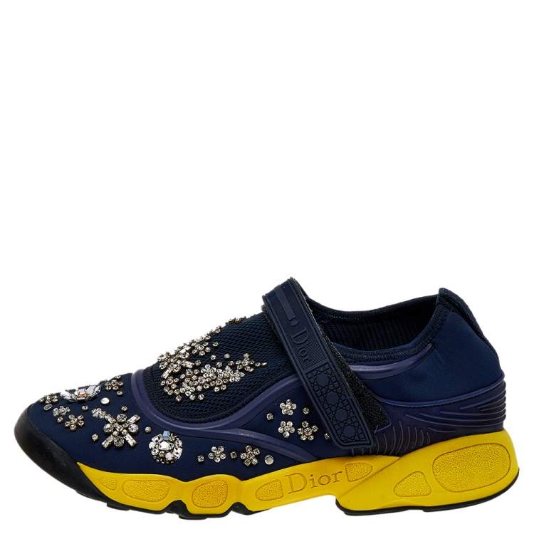 Pre Owned Dior Blue/Yellow Mesh And Fabric Fusion Sneakers Size 39