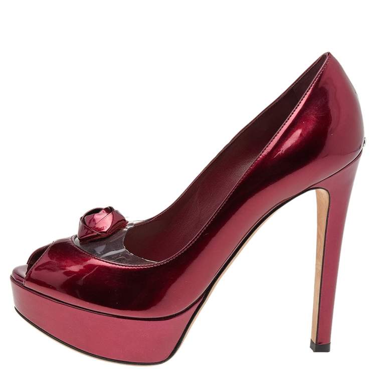 Pre Owned Dior Burgundy Patent Leather Flower Platform Pumps Size 37.5