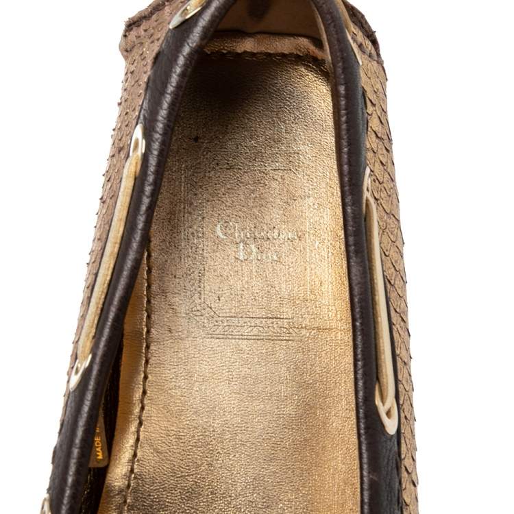 Pre Owned Dior Gold/Brown  Python Embossed Leather CD Boatstitched Loafers Size 36.5