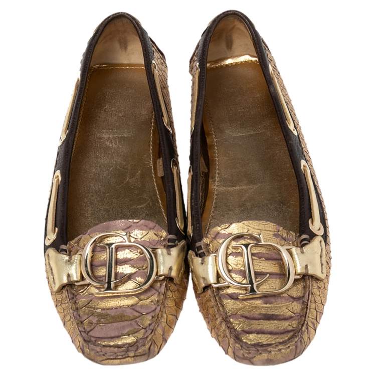Pre Owned Dior Gold/Brown  Python Embossed Leather CD Boatstitched Loafers Size 36.5