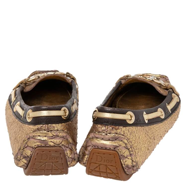 Pre Owned Dior Gold/Brown  Python Embossed Leather CD Boatstitched Loafers Size 36.5