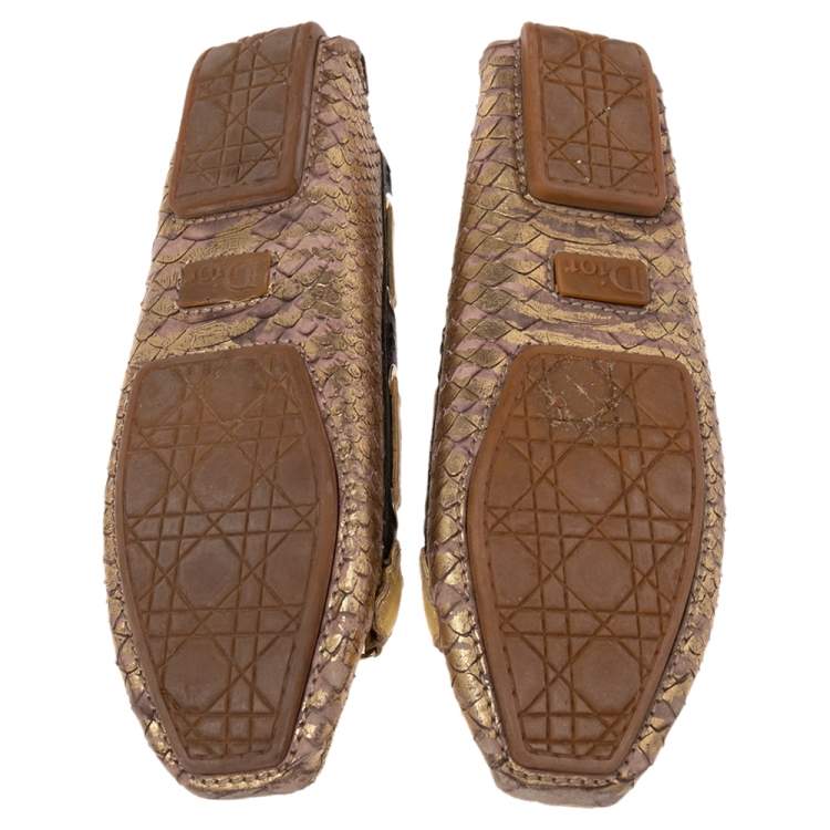 Pre Owned Dior Gold/Brown  Python Embossed Leather CD Boatstitched Loafers Size 36.5