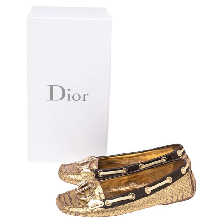 Pre Owned Dior Gold/Brown  Python Embossed Leather CD Boatstitched Loafers Size 36.5