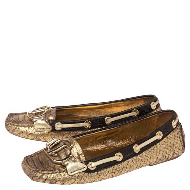 Pre Owned Dior Gold/Brown  Python Embossed Leather CD Boatstitched Loafers Size 36.5