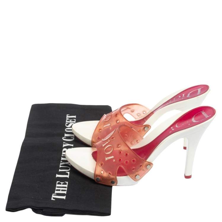 Pre Owned Dior White/Pink Logo Embossed Rubber Clog Sandals Size 36