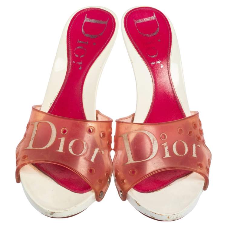 Pre Owned Dior White/Pink Logo Embossed Rubber Clog Sandals Size 36