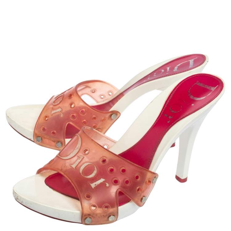Pre Owned Dior White/Pink Logo Embossed Rubber Clog Sandals Size 36
