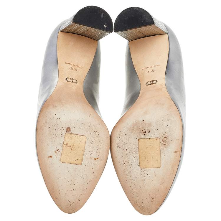 Pre Owned Dior Metallic Silver Leather Microcannage Block Heel Pumps Size 35.5